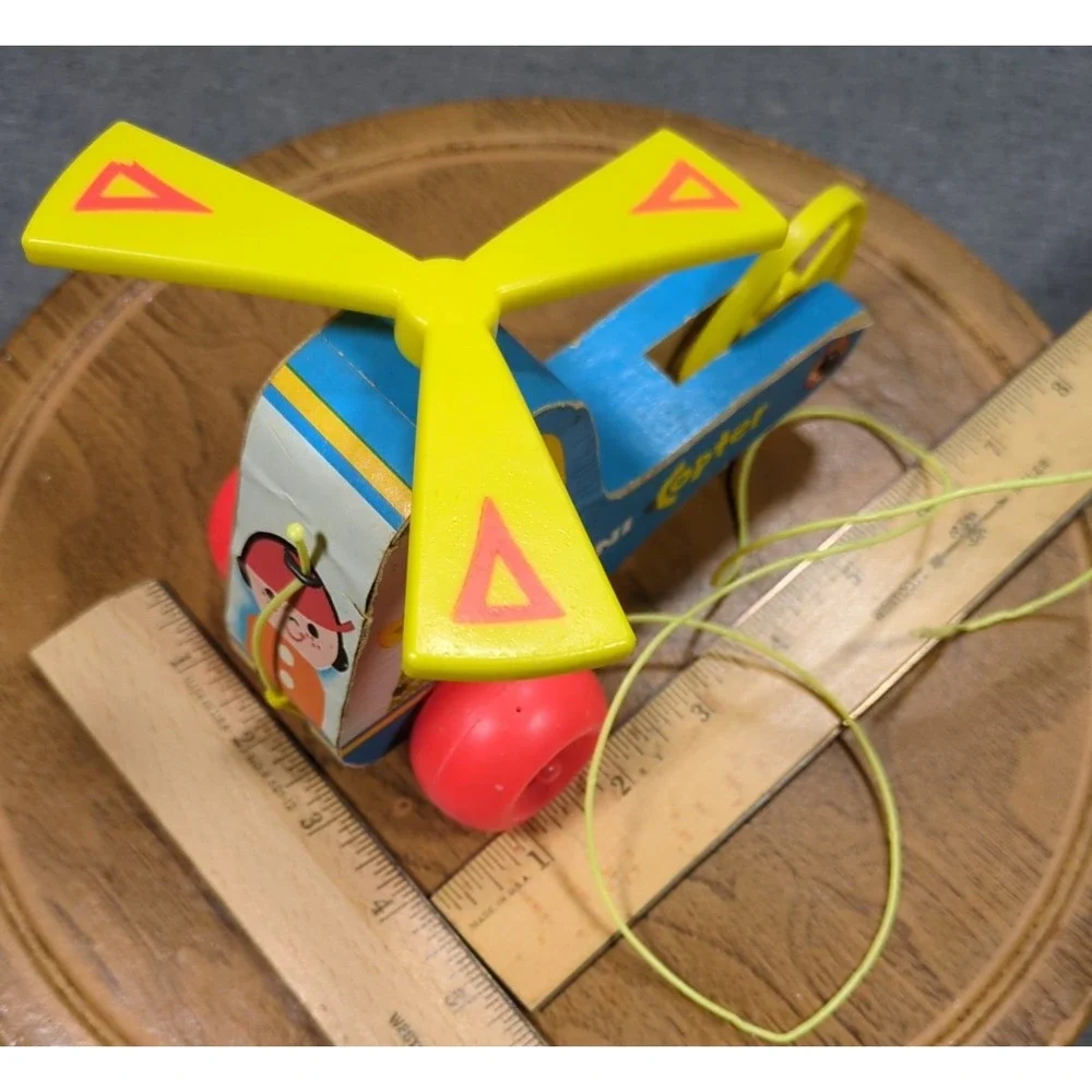 Vtg 1970 Fisher Price Mini Copter Pull Toy 448 Wood Helicopter Works Gnawd Strng
